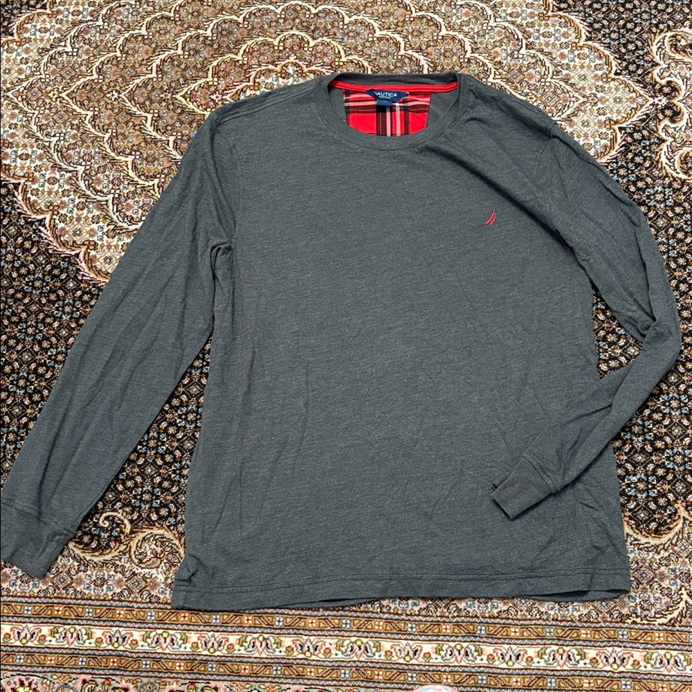 Nautica Gray Shirt with Red Plaid Accent